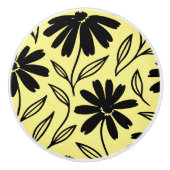 Black Ink Daisies Yellow Boho Keramikknauf (Vorderseite)