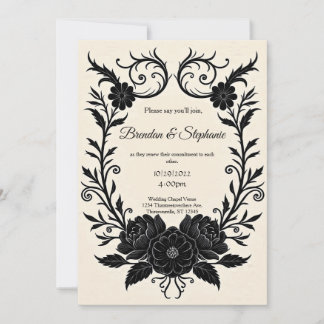 Black Ink Floral Vintage Goth Wedding Einladung