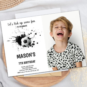 Black Ink Soccer Geburtstagseinladungen mit Foto Einladung