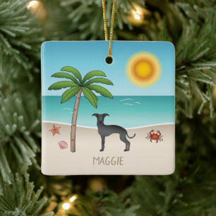 Black Italian Greyhound am Tropical Summer Beach Keramikornament