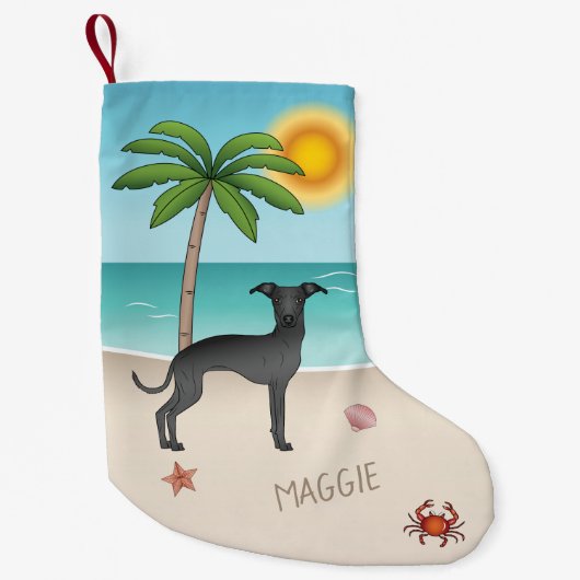 Black Italian Greyhound am Tropical Summer Beach Kleiner Weihnachtsstrumpf (Vorderseite)