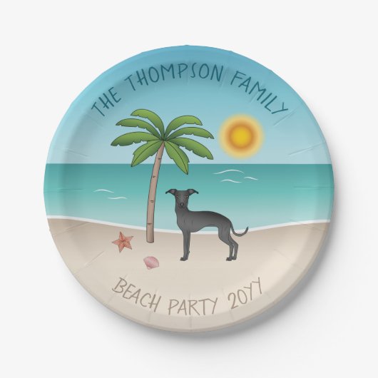 Black Italian Greyhound am Tropical Summer Beach Pappteller (Vorderseite)