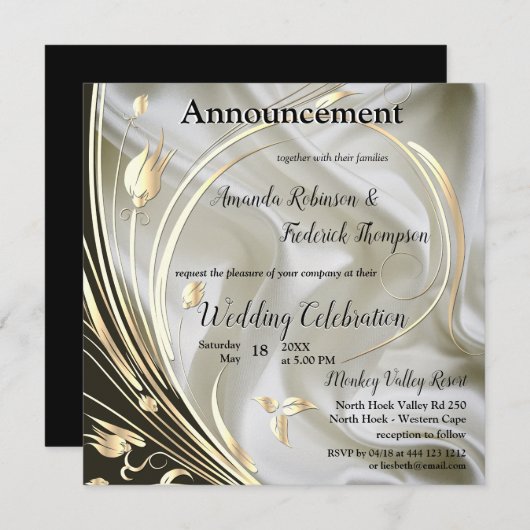 Black & Ivory auf Champagner Silk Wedding Ankündigung (Vorne/Hinten)