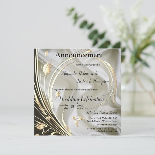 Black & Ivory auf Champagner Silk Wedding Ankündigung (Stehend Vorderseite)