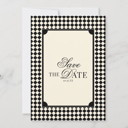 Black & Ivory Checkered Old Money QR Code Wedding Save The Date (Vorderseite)