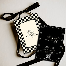 Black & Ivory Checkered Old Money QR Code Wedding Save The Date