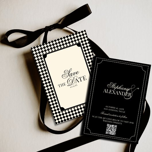 Black & Ivory Checkered Old Money QR Code Wedding Save The Date