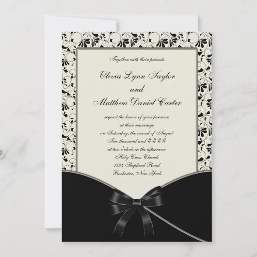 Black Ivory Cream Damask Wedding Einladung (Vorderseite)