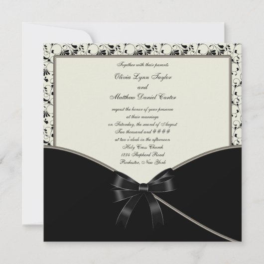 Black Ivory Cream Damask Wedding Einladung (Vorderseite)