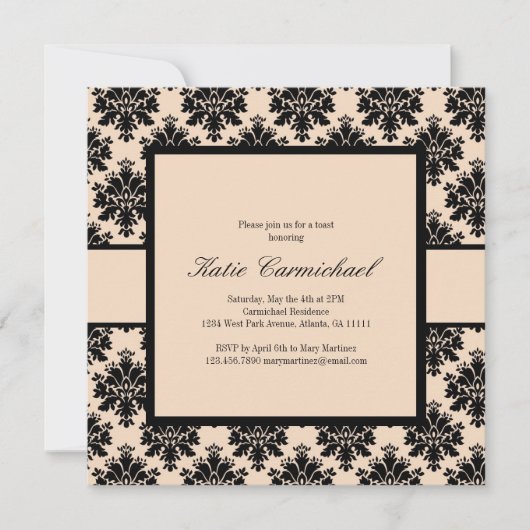 Black & Ivory Damask Einladung (Vorderseite)