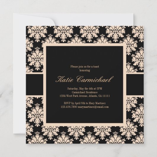 Black & Ivory Damask Einladung (Vorderseite)