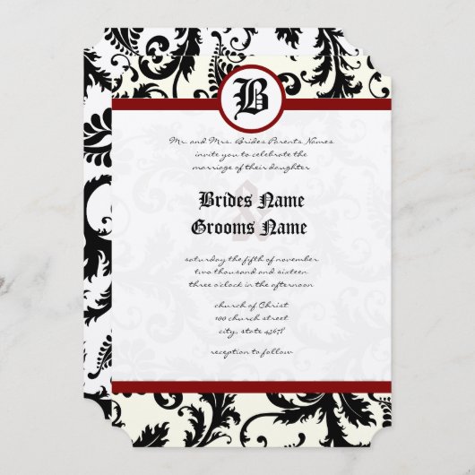 Black Ivory & Maroon Damask Wedding Einladung (Vorne/Hinten)