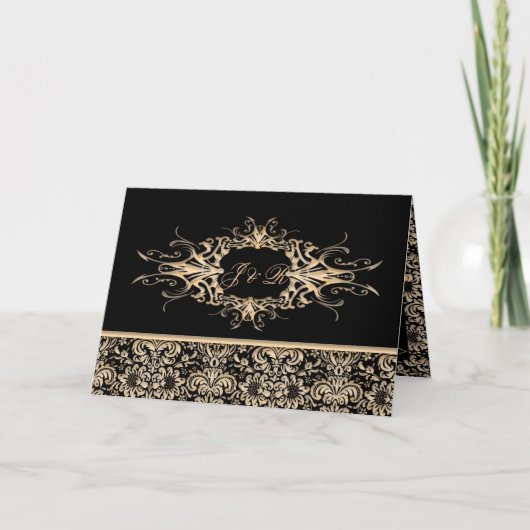 Black & Ivory Verziert Damask Hochzeitssemble Set Dankeskarte (Vorderseite)