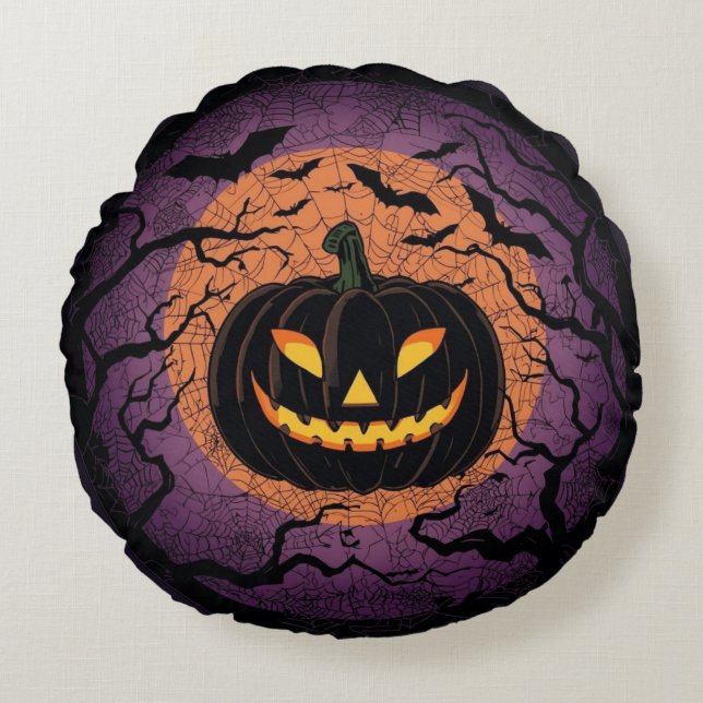 Black Jack-O’-Lantern Round Pillow Rundes Kissen (Vorderseite)