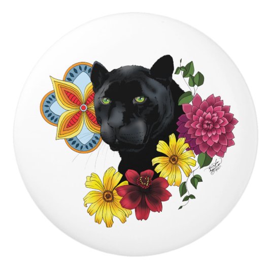 Black Jaguar Portrait Blume Keramikknauf (Vorderseite)