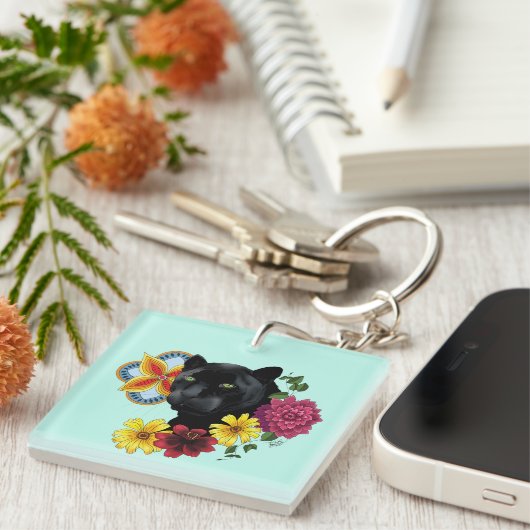 Black Jaguar Portrait Blume Schlüsselanhänger (Vorderseite rechts)