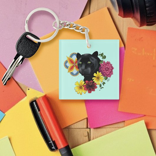 Black Jaguar Portrait Blume Schlüsselanhänger