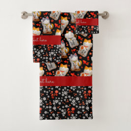 Black Japanese Lucky Cat Decor Kimono Koi Carp Badhandtuch Set