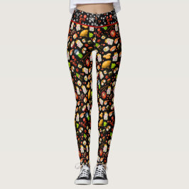 Black Japanese Maneki Neko Cat und Sushi Leggings