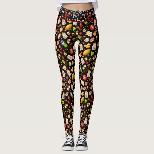 Black Japanese Maneki Neko Cat und Sushi Leggings (Vorderseite)