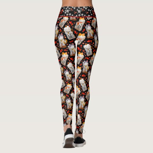Black Japanese Maneki Neko Cat Waving Cat Leggings (Rückseite)
