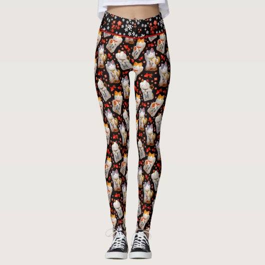 Black Japanese Maneki Neko Cat Waving Cat Leggings (Vorderseite)