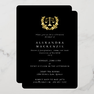 Black JD Law Scales+Laurel Wreath Graduation Party Folieneinladung