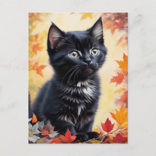 Black Kitten Autumn Scene Flat Card Postkarte (Vorderseite)