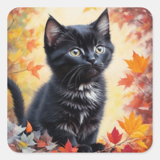 Black Kitten Autumn Scene Flat Card Quadratischer Aufkleber (Vorderseite)