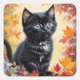Black Kitten Autumn Scene Flat Card Quadratischer Aufkleber