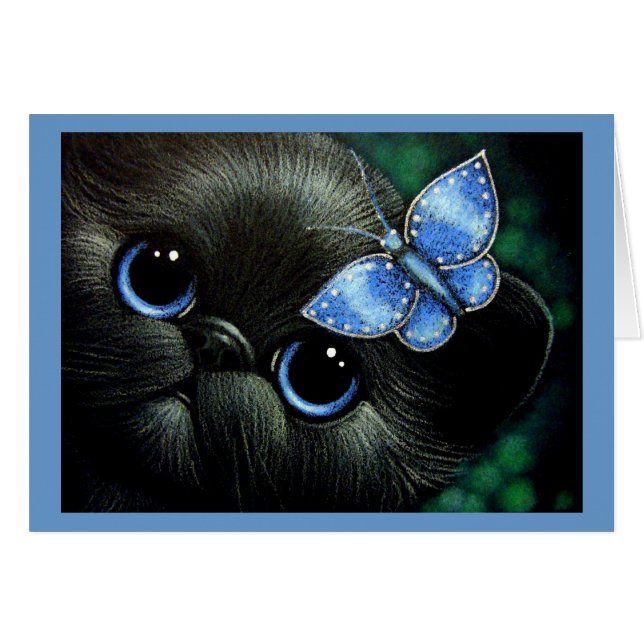 BLACK KITTEN CAT WITH BLUE BUTTERFLY CARD (Vorderseite (Horizontal))