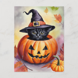 Black Kitten Halloween Pumpkin Hexenhut Postkarte