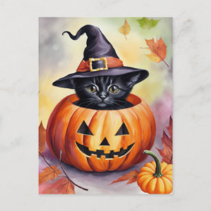 Black Kitten Halloween Pumpkin Hexenhut Postkarte