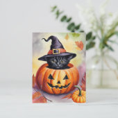 Black Kitten Halloween Pumpkin Hexenhut Postkarte (Stehend Vorderseite)