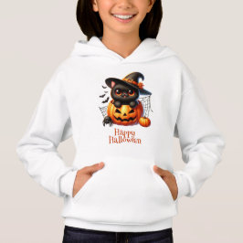 Black Kitten in einem Halloween-Kürbis Hoodie