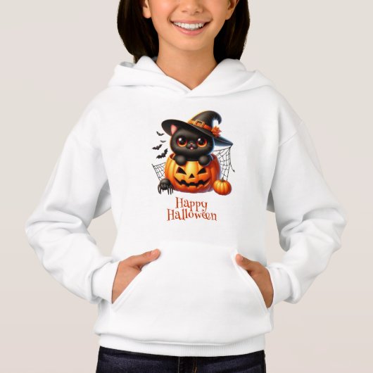Black Kitten in einem Halloween-Kürbis Hoodie (Vorderseite)