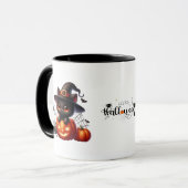 Black Kitten in einem Halloween-Kürbis Tasse (Vorderseite Links)
