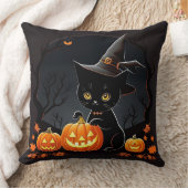 Black Kitten in Hexenhut Amid Halloween Pumpkins Kissen (Decke)