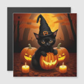 Black Kitten in Hexenhut Amid Halloween Pumpkins Magnetkarte (Vorne/Hinten)