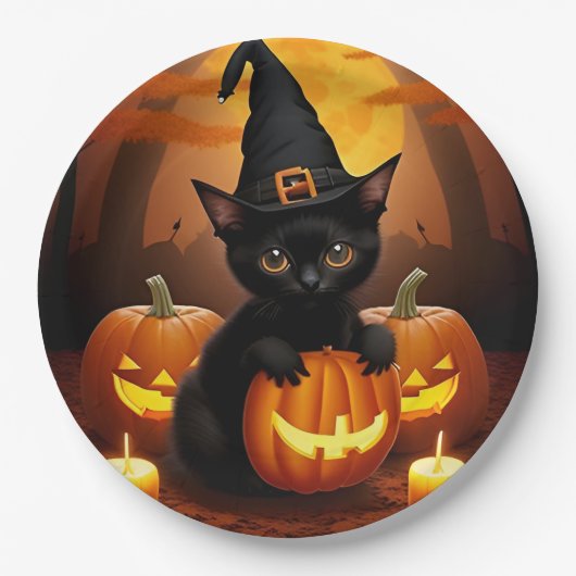 Black Kitten in Hexenhut Amid Halloween Pumpkins Pappteller (Vorderseite)