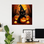 Black Kitten in Hexenhut Amid Halloween Pumpkins Poster (Heimbüro)