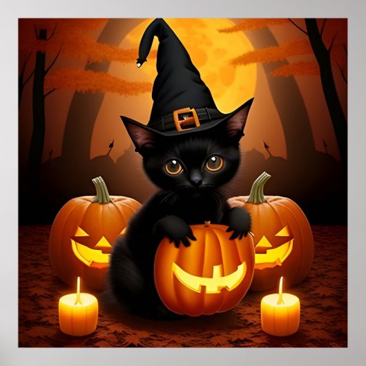 Black Kitten in Hexenhut Amid Halloween Pumpkins Poster (Vorne)