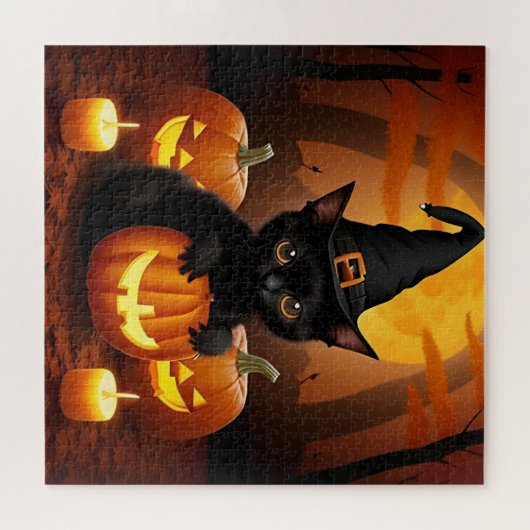 Black Kitten in Hexenhut Amid Halloween Pumpkins Puzzle (Horizontal)