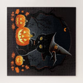 Black Kitten in Hexenhut Amid Halloween Pumpkins Puzzle (Horizontal)