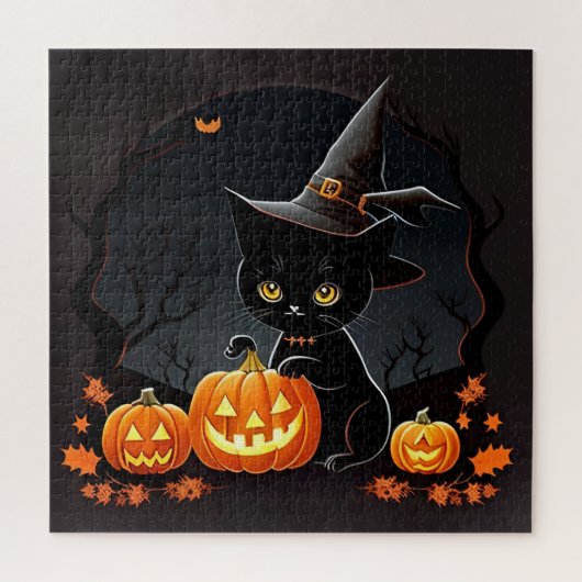 Black Kitten in Hexenhut Amid Halloween Pumpkins Puzzle (Vertikal)