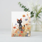 Black Kitten in Orange and Blue Wildflower Meadow Postkarte (Stehend Vorderseite)