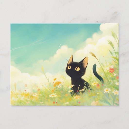 Black Kitten in Sunny Wildflower Summer Meadow Postkarte (Vorderseite)