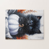 Black Kitten mit weißem Pumpkin Halloween Puzzle (Horizontal)