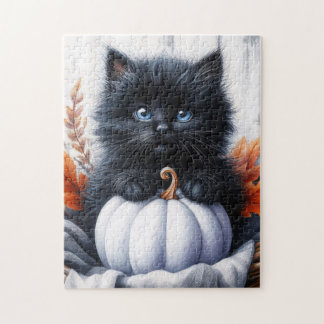 Black Kitten mit weißem Pumpkin Halloween Puzzle