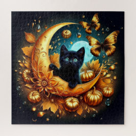 Black Kitten, Moon, Pumpkins und Schmetterlinge Puzzle